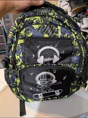 Kids Black and Neon Green Skateboard Backpack with Headphone Graphic